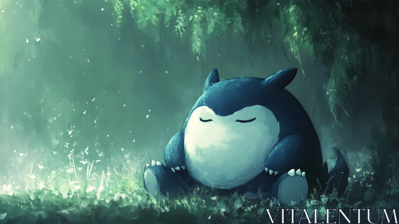 Large blue creature resting in shaded forest clearing.