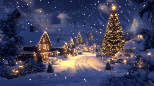 Starlit village lane wrapped in storybook Christmas snow.