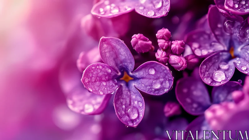 Macro photograph of violet lilac flowers with water droplets and depth of field bokeh blur