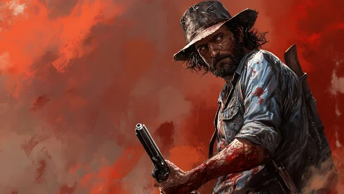 Gritty gunslinger portrait in dynamic blood-red digital painting.