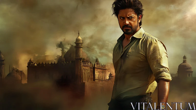 Brooding hero stands before ancient fortress in stormy dusk.