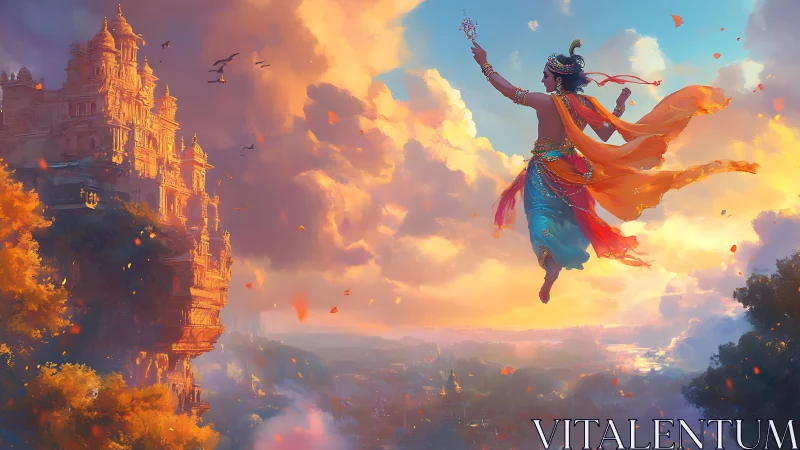 Digital painting of mythic sky dancer beside cliffside palace.