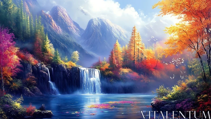 Sunlit mountain waterfall shimmers amid vivid autumn forest