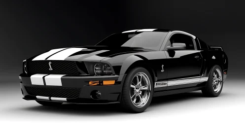 Black Shelby GT500 coupe on dark gradient studio background.