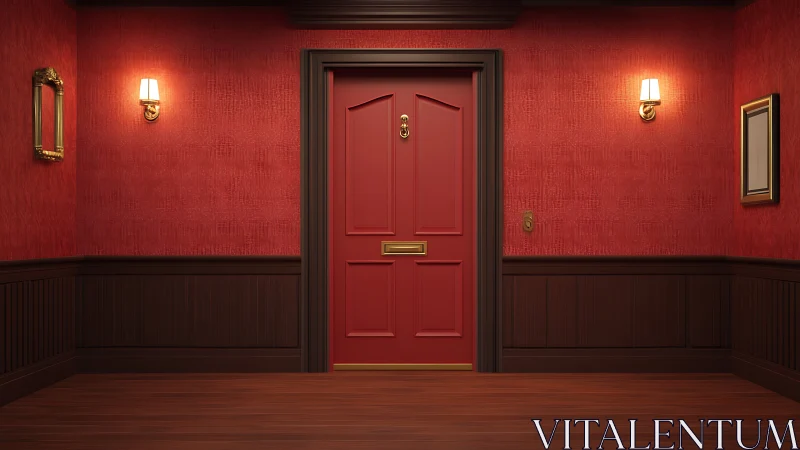 Red paneled interior door centered in symmetrical corridor
