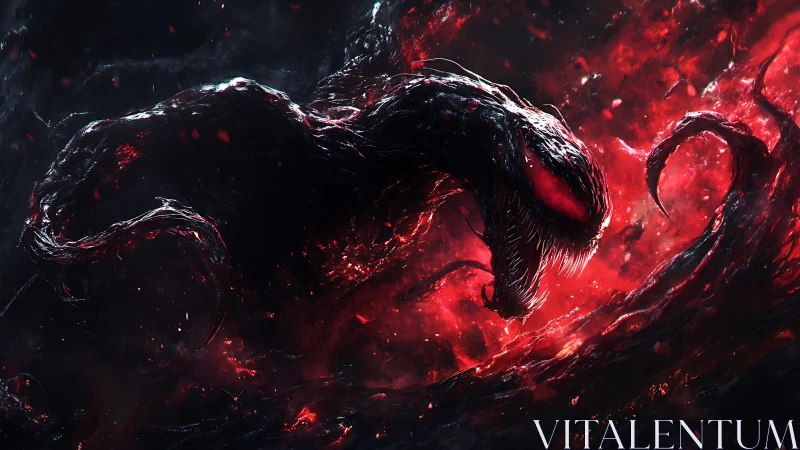 Symbiotic xenomorph serpent in red bioluminescent void field