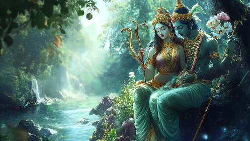 Divine couple rendered in luminous mythological digital painting