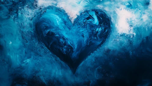 Fluid Heart Form: Abstract Blue Oil Paint Composition.