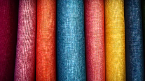 Color-saturated textile rolls show tight woven grid texture.