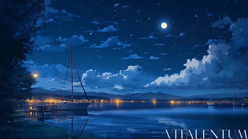 Moonlit sailboat dock on calm lake under starry sky.