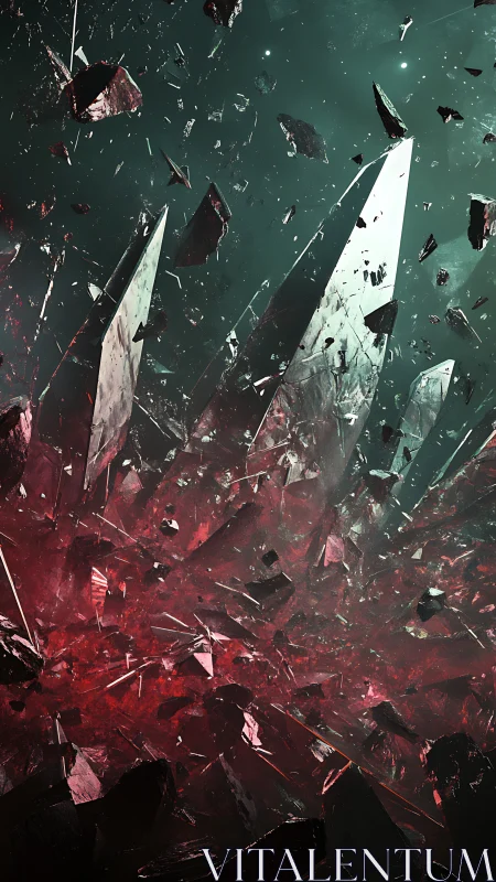 Shattered crystal fragments exploding in teal and red void.