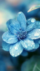 Blue Flower Macro Study with Dew Droplets and Shallow Depth