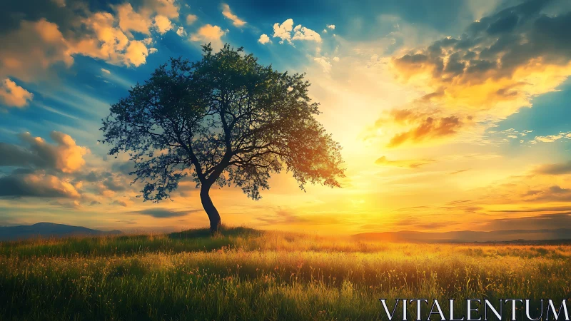 Majestic lone tree in golden meadow at sunset, painterly style.