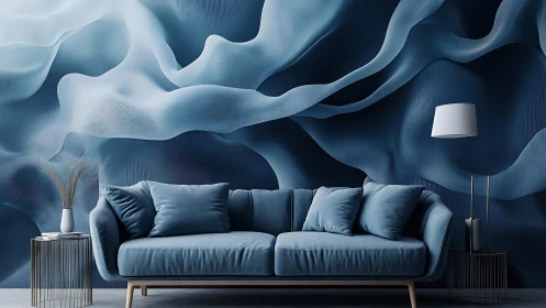 Modern blue velvet sofa in front of abstract wave mural, contemporary style.
