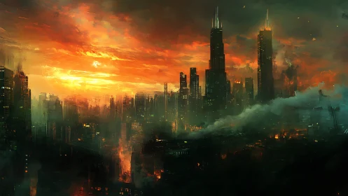 Burning cyberpunk megacity skyline under toxic red sunset