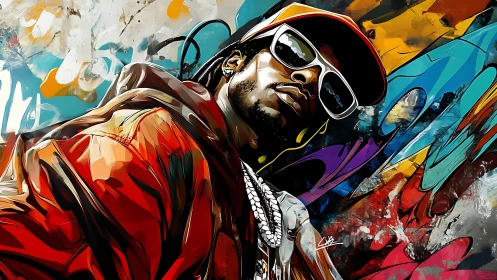 Urban hip-hop portrait slashed with vivid graffiti color bursts.