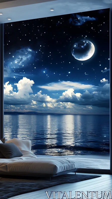 Moonlit ocean panorama fills minimalist bedroom interior