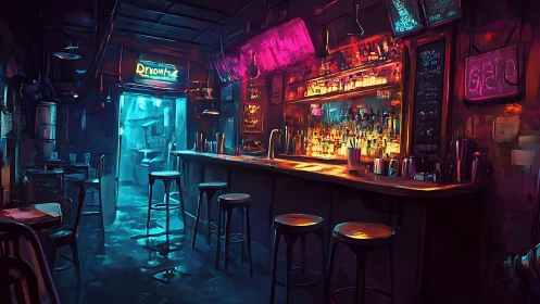 Neon-soaked bar counter glows warmly in a moody city night
