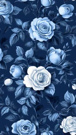 Blue Rose Botanical Illustration with Foliage Against Navy Ground.