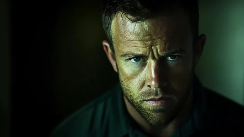 Photorealistic low-key portrait with intense frontal gaze lighting.