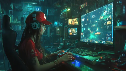 Cyberpunk gamer workstation in neon-lit streaming command hub.