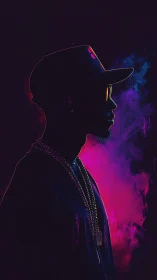 Neon-lit rapper silhouette in moody vapor haze portrait.