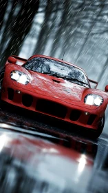 Red supercar powers through rain on reflective forest road.