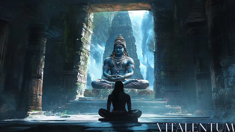 Meditating devotee before colossal blue temple deity idol.