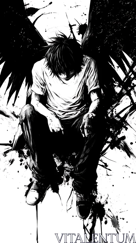 Monochrome fallen angel illustration with ink-splatter dynamics.