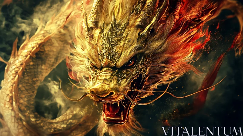 Flaming golden dragon head lunges through swirling smoke.
