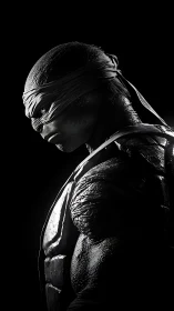 Blindfolded mutant warrior in dramatic rim-lit profile study.