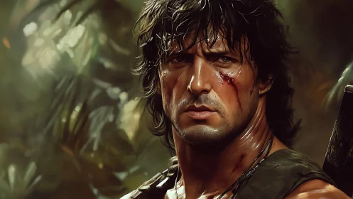 Battle-scarred warrior stares ahead in tense jungle silence