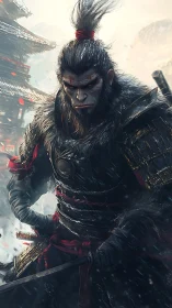 Fierce monkey warrior stands in snowy temple battlefield