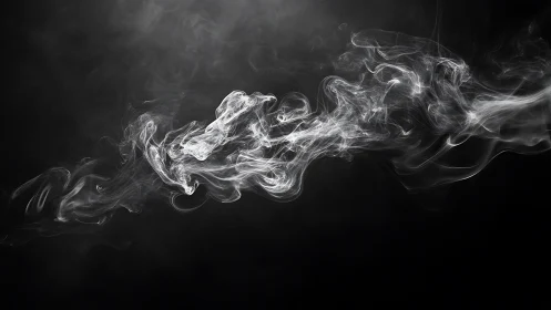 White smoke plume curls across deep black backdrop.