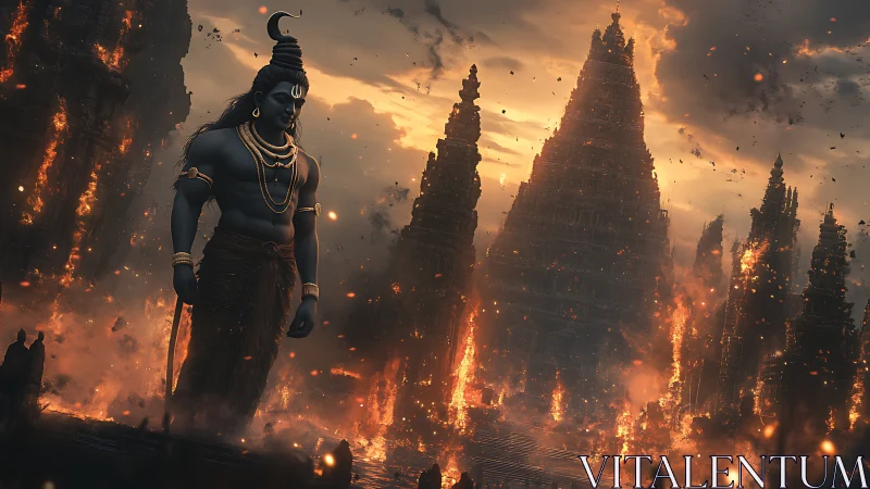 Majestic blue deity walking through fiery ancient ruins.