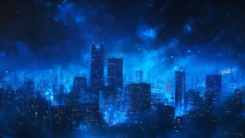 Spectral blue cyberpunk megacity skyline under starfield haze