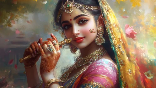 Indian woman with flute in ornate traditional attire.
