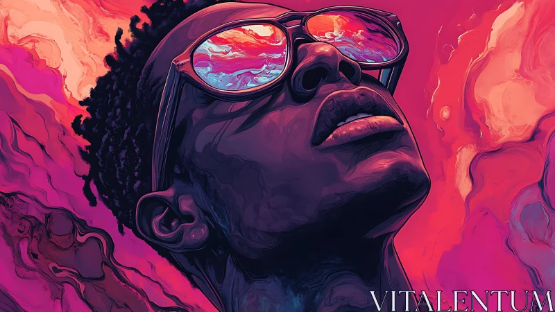 Chromatic portrait with reflective eyewear in neon gradients.