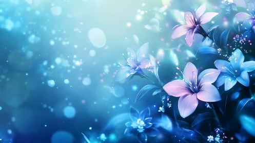 Ethereal Blue Floral Composition with Luminescent Pink and Lavender Blooms.