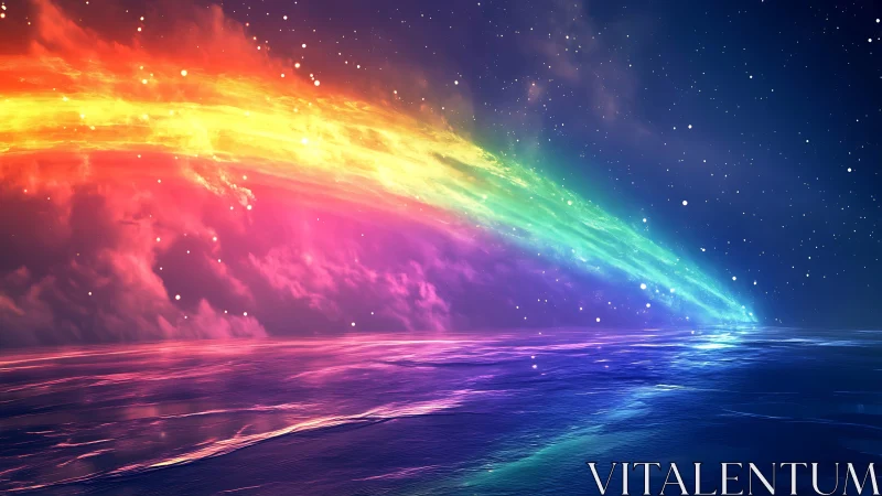 Multicolor spectral arc intersects reflective ocean horizon