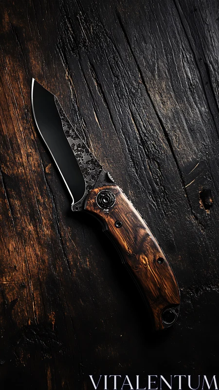 Tactical folding knife with hammered steel and wood handle.