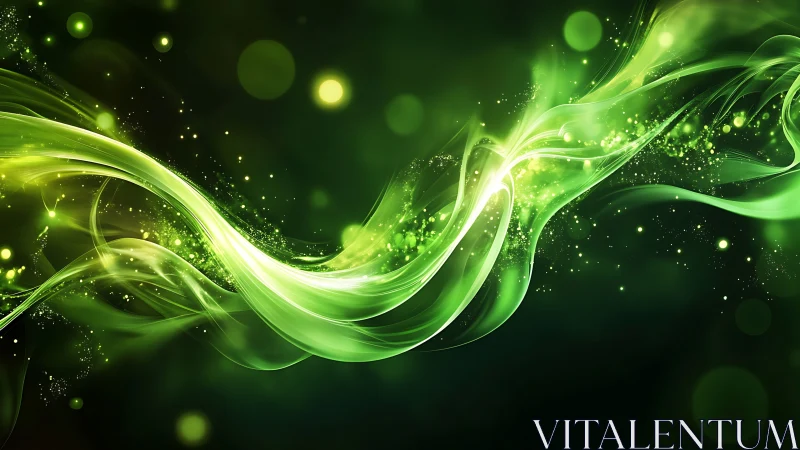 Luminous green energy wave arcs across dark abstract space