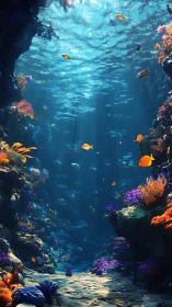 Sunlit coral canyon where colorful reef fish drift softly.