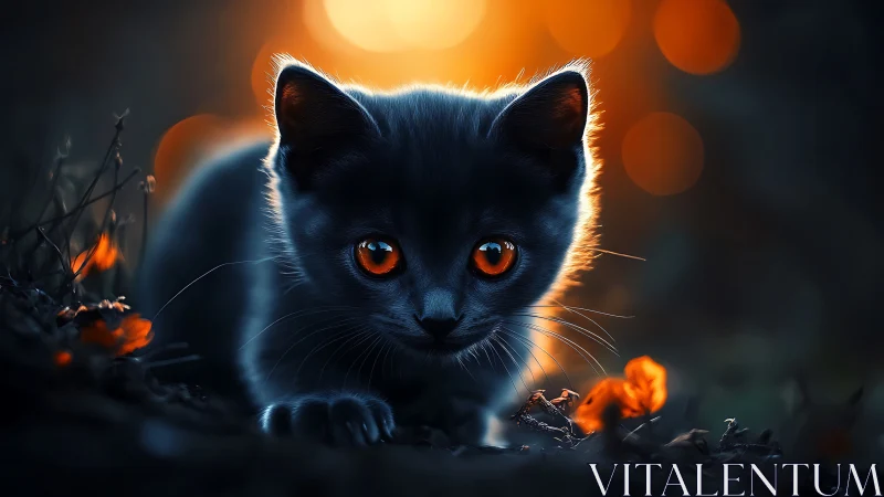 Black cat with orange eyes amid amber-lit bokeh.
