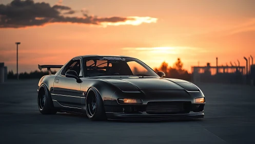 Low-slung tuned sports coupe rendered in sunset photorealism