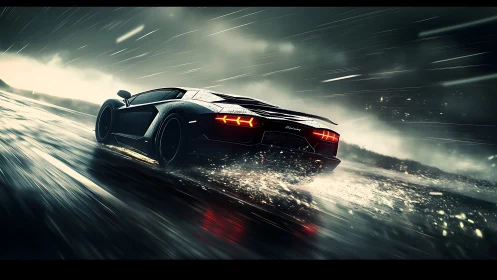 Rear view shows sports car traversing wet roadway at speed