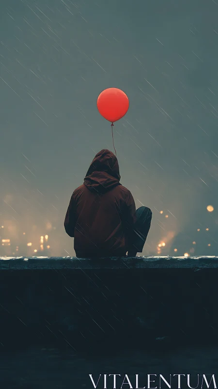 Solitary hooded figure balances red balloon in nocturnal rain