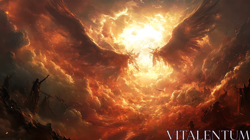 Fiery angelic figures emerge over war-torn landscape.