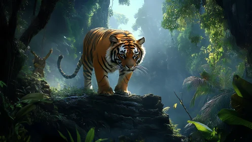 Gentle tiger wanders through a misty emerald jungle grove.