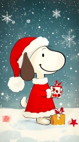 Cartoon beagle in Santa outfit stands in stylized snowfall